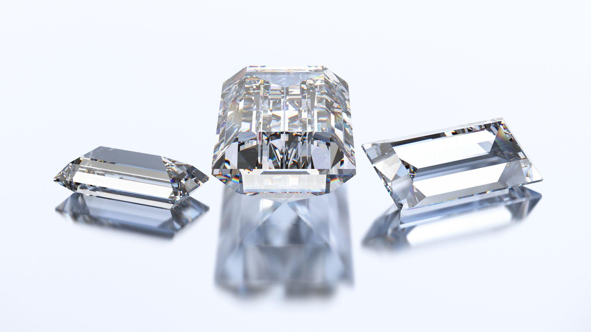 3D illustration three baguette diamond stones.