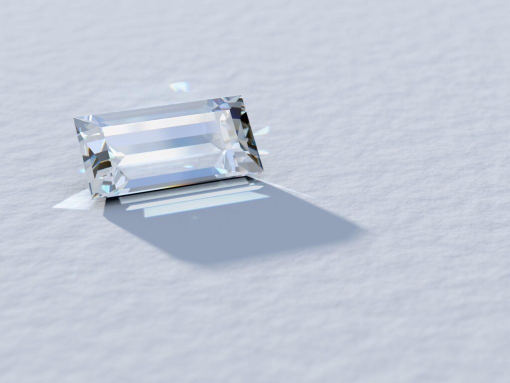 Baguette cut diamond with caustics rays, rear light, diagonal shadow on textured background.