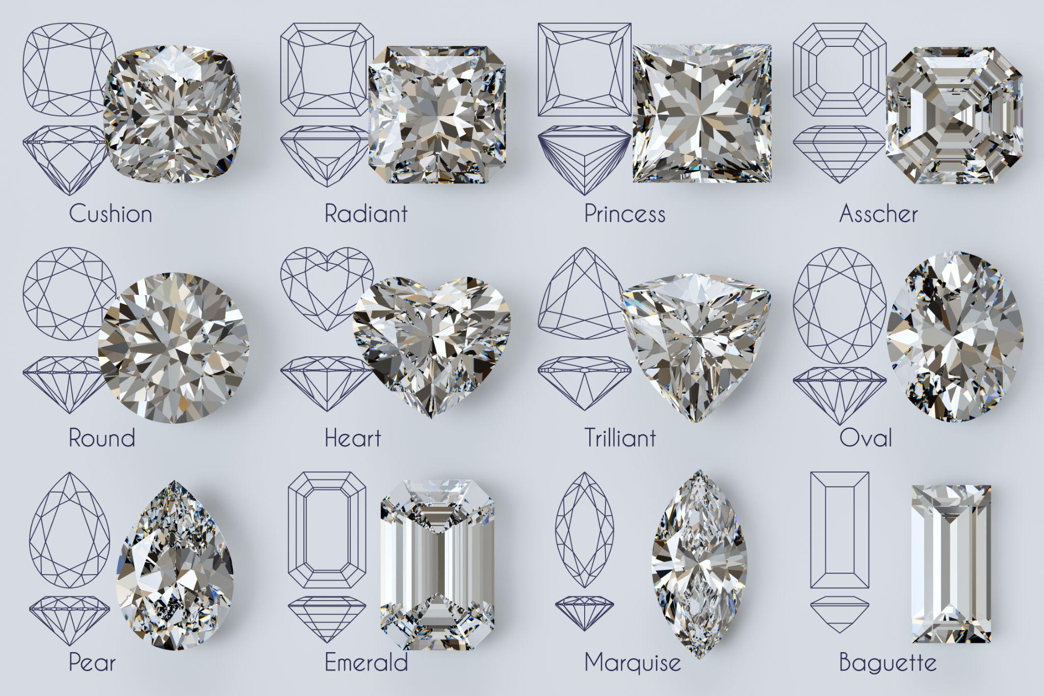 Twelve popular diamond shapes with titles, diagrams on white background.