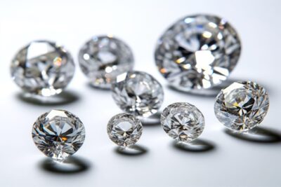 Eight different sized diamonds on table.